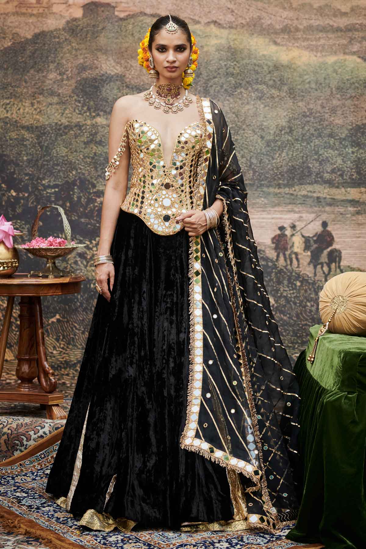 Buy ITRH, Designer Black Gota Stripes Lehenga Set Online